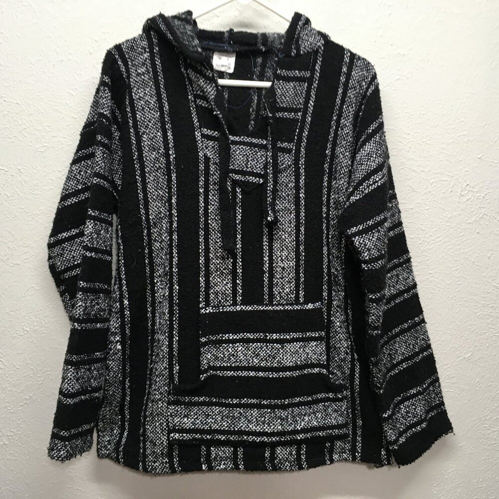 Vel-Mex Mexican Baja Poncho Surfer Blanket Hoodie Rasta Mens L Black‎ Gray